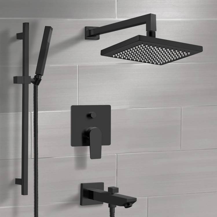 Remer TSR43 Matte Black Tub and Shower System with 8 Inch Rain Shower Head and Hand Shower